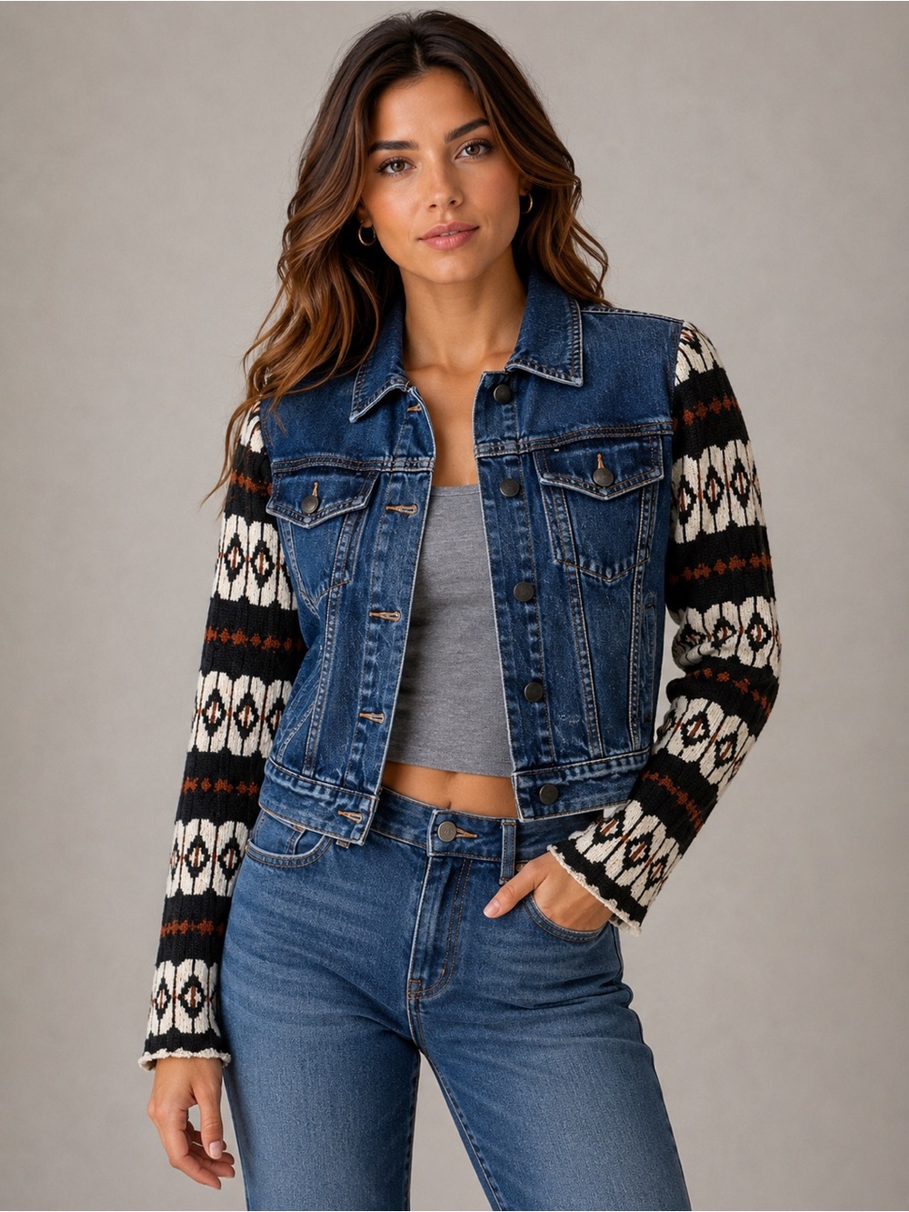 Free People Cyprus Aztec Print Sleeve Jean Jacket Sz XS